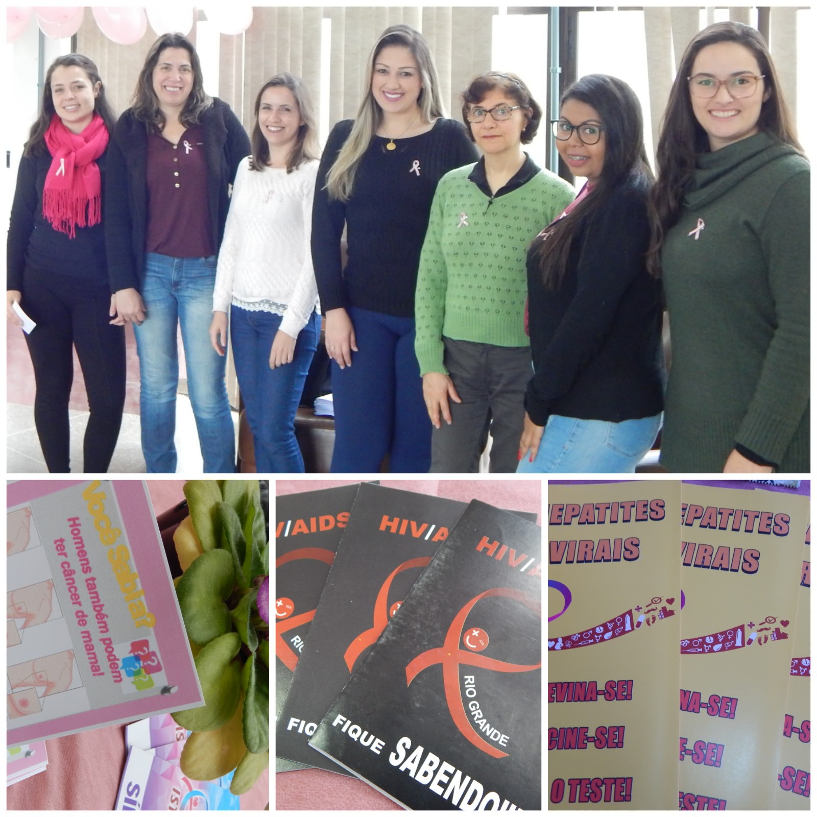 Montagem com 4 fotos: a primeira aparecem 7mulheres entre bibliotecárias e estudantes de enfermagem, todas usam lacinhos símbolo outubro rosa, duas delas usam óculos, 6 delas expressam sorrisos, apenas uma está séria. Nas outras 3 fotos estão os materiais informativos distribuídos na campanha.