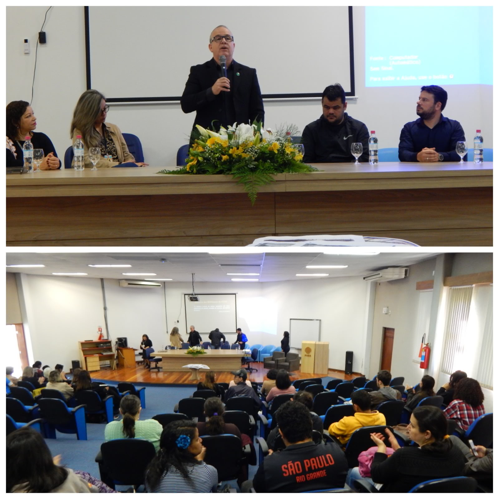 montagem duas fotos, pessoas na mesa de abertura, quatro estão sentados apenas um em pé com microfone
