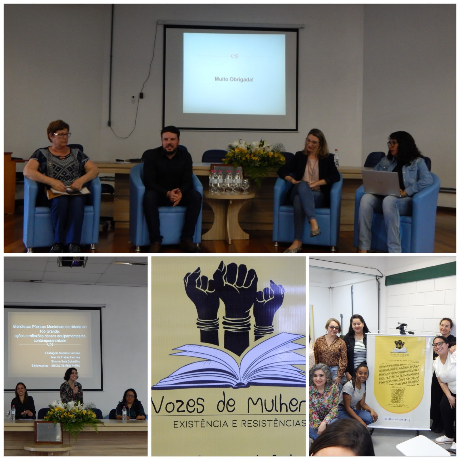 coletania de fotos, pessoas sentadas, pessoas em volta do banner, pessoas a mesa palestrando