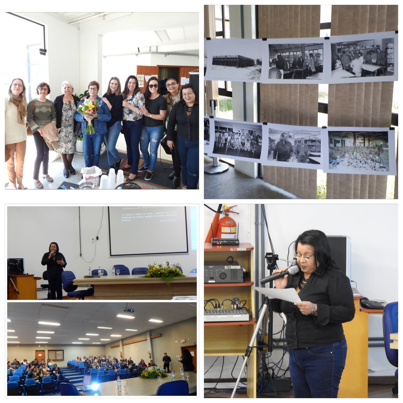Grupo de bibliotecárias em pé; mural de fotos antigas das bibliotecas, bibliotecária falando ao microfone usando blusa preta e calça jeans.