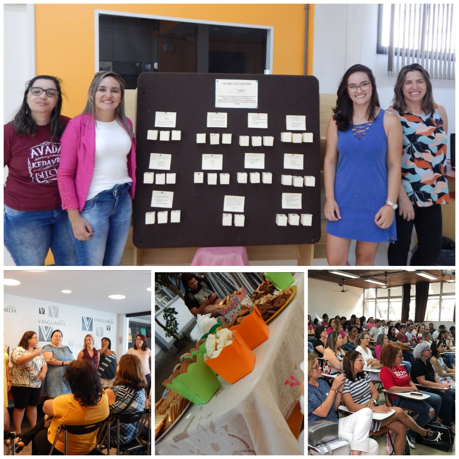 montagem com cinco fotos: na primeira quatro bibliotecárias, posicionadas duas de cada lado do mural interativo, todas expressão sorrisos, e duas delas usam óculos.