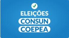 Banner fundo azul. em branco escrito Eleições, dentro de um fundo branco escrito em azul Consun logo abaixo Coepea