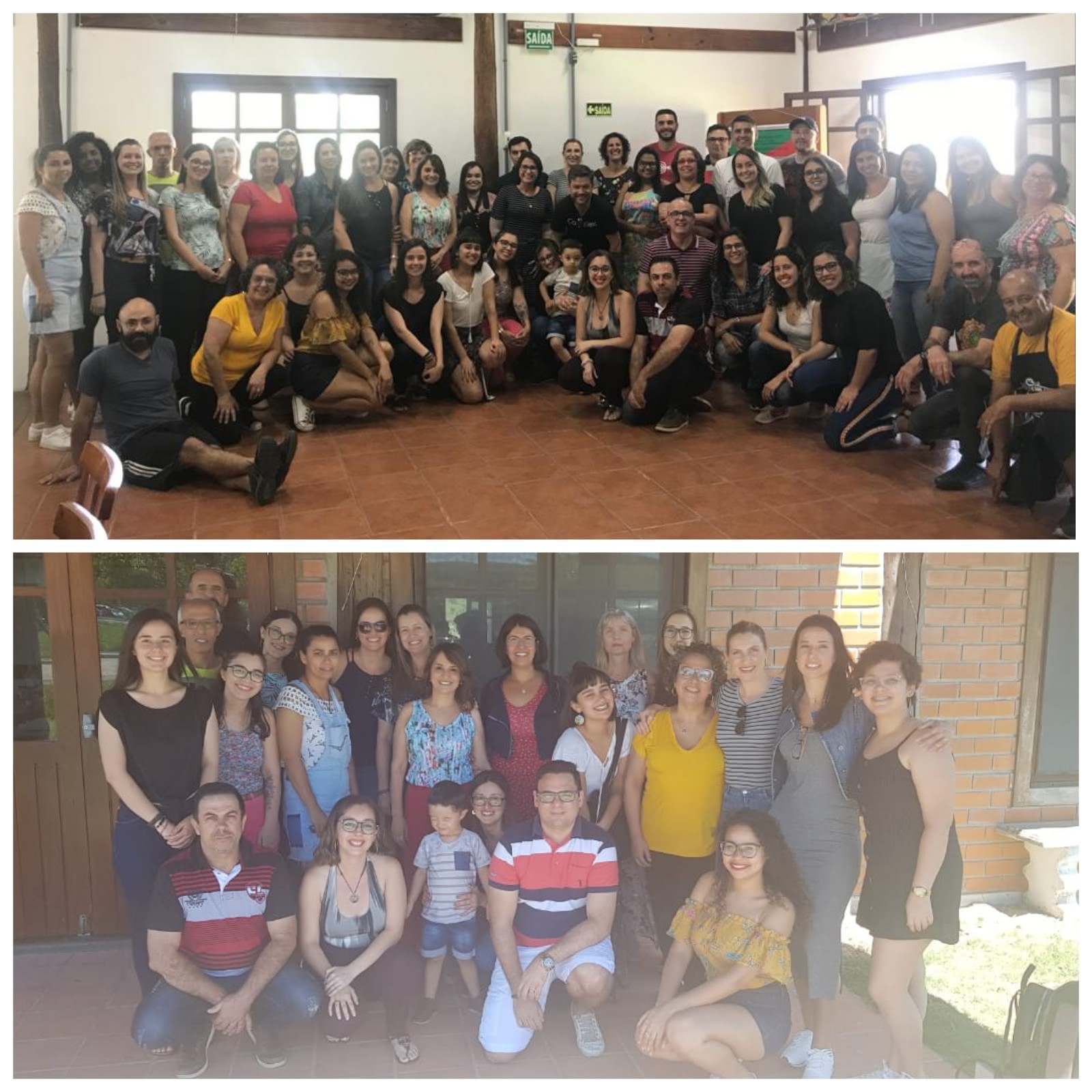 montagem com duas fotos sentido horizontal. Na primeira foto aparece um grupo grande de pessoas entre homens e mulheres e uma crianças. Alguns em pé, outros sentados, ou ajolhados a frente. Aproximadamente 50 pessoas estão na foto. A Segunda foto estão as pessoas que compõem a equipe SiB: 17 pessoas estão em pé 5 pessoas ajoelhadas a frente do outro grupo, apenas uma criança está em pé. A maioria olha para camera e expressa sorriso.