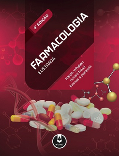 Livro capa fundo vermelho com imagens de comprimidos e símbolos da química escrito Farmacologia ilustrada