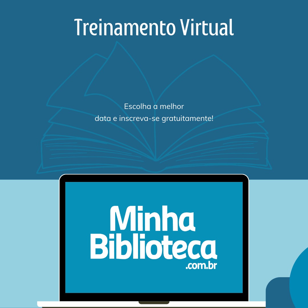 Imagem com fundo azul, com o texto: Treinamento virtual: escolha a melhor data e inscreva-se gratuitamente! Minha Biblioteca.com.br