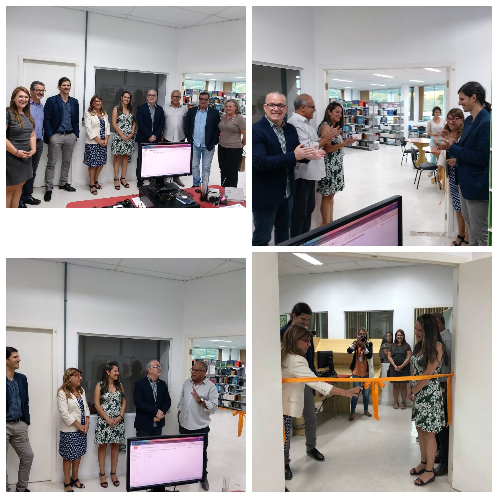 Coletanea com quatros fotos em uma montagem em duas colunas. na primeira 9 pessoas em pé (4 mulheres, 5 homens) pousando para foto, todos expressam sorrisos. Na segunda foto 3 homens e 2 mulheres aplaudem o rompimento da fita de inauguração. Na terceira foto todos conversam e riam entre sim sem olhar para camera. Na última foto a reitora a esquerda corta a fita amarela, a direita está a biblitecária, ao fundo aparece a fotografa posicionando a camera para registrar o momento