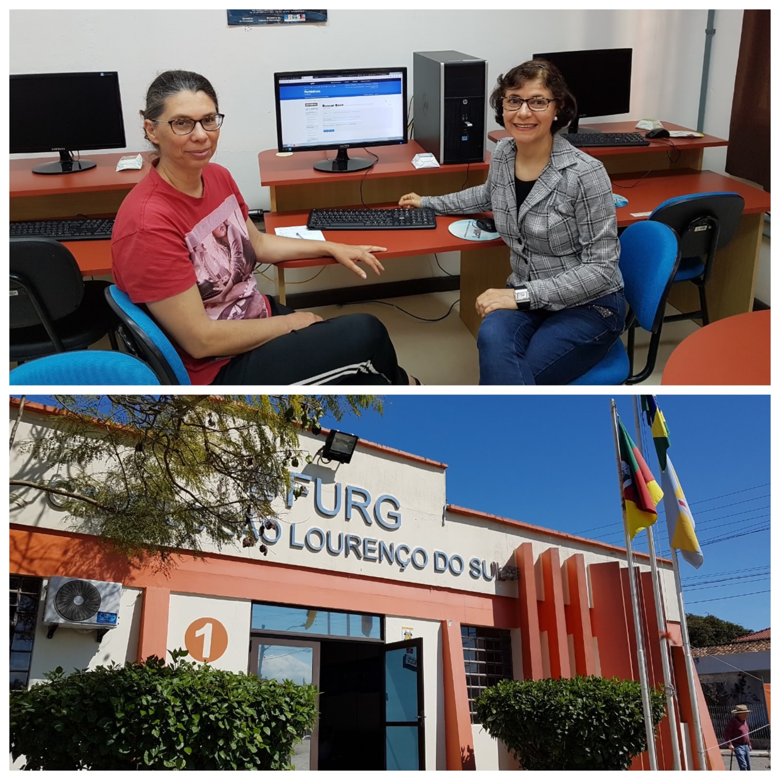 duas fotos em montagem. Na primeira superior aparecem duas biblitocárias sentadas a frente da mesa com computador. Ambas usam óculos, as duas expressão sorrisos. Na segunda foto está  fachada do campus de são lourenço do sul. Na parede está a seguinte inscrição? FURG Campus São Lourenço do Sul. 1. a direita no mastro as bandeira do Rio Grande do Sul, do Brasil, e da FURG.