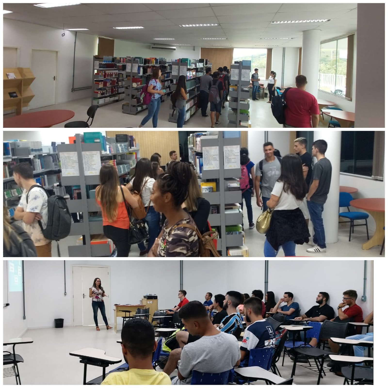 alunos circulando dentro da biblioteca, acompanhados da bibliotecária. Na última foto alunos sentados atentos a explicação da bilbiotecária