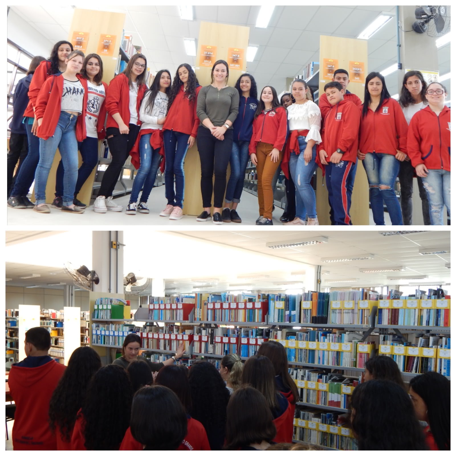 montagem com duas fotos: a primeira alunos posicionados a frente das estantes, usando casacos vermelhos, calças jens. Ao centro bibliotecária usando calça jeans e blusa verde. A maioria expressa sorrisos na foto. na segunda foto: alunos posicionados de costa estão atentos a explicação da bibliotecária que aparce de frente na foto, ao lado da estante de periódios. 