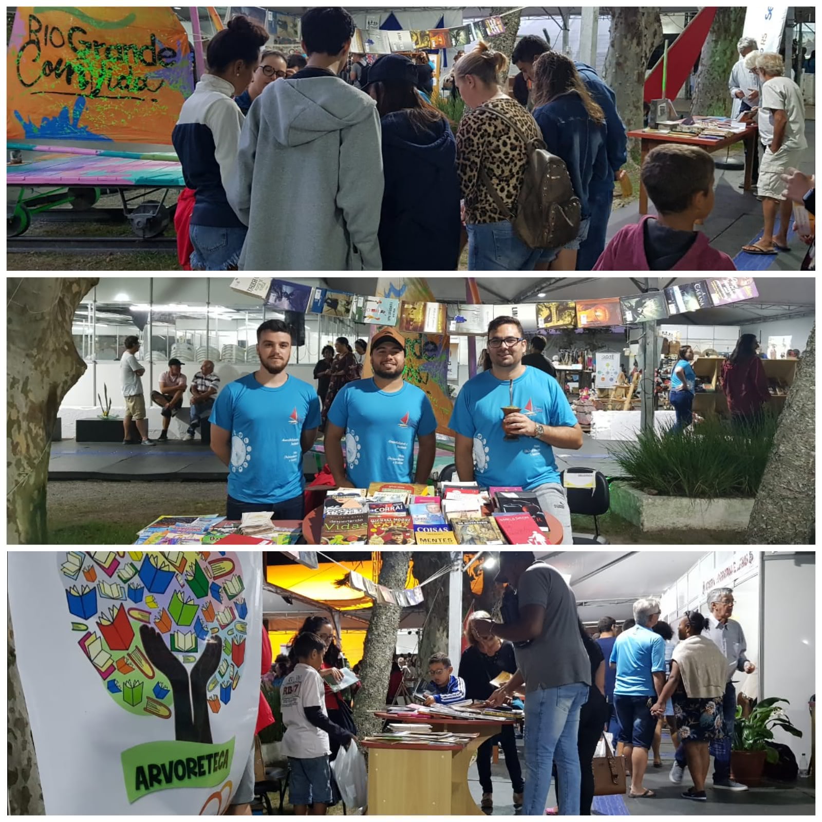 Montagem com e fotos na horizontal. na primeira pessoas aparecem ao redor de uma mesa com livros, elas estão de costas na imagem. a segunda foto três homens em pé atrás de uma mesa com livros, os três utilização camisetas azuis, o primeiro e o segundo tem barba. O segundo usa boné. O terceiro homem usa óculos e está segurando uma cuia com chimarrão. Dois deles expressão sorrisos. Na última foto aparece o banner da arvoreteca: uma arvore onde as folhas são representadas por livros e o tronco por duas mãos unidas, logo abaixo a inscrição Arvoreteca. Pessoas aparecem escolhedo os livros sobre a mesa. entre as pessoas estão adultos e crianças.
