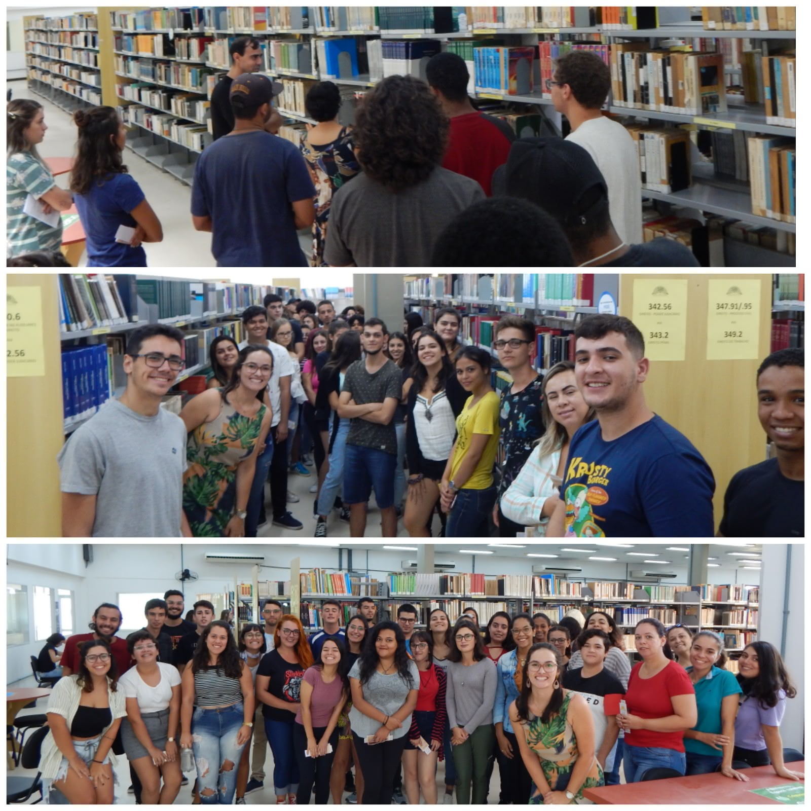 3 fotos posicionadas na horizontal: na primeira alunos calouros aparecem de costas atentos a explicação da bibliotecária, ao fundo estantes com livros. na 2 foto grupo de alunos estão em pé posicionados entre duas estantes de livros olhando para foto e na sua maiorira expressam sorrisos. Na terceira foto uma turam de caloruros posiciona na em pé ao fundo uma estante grande com livros, todos expressam sorrisos. 