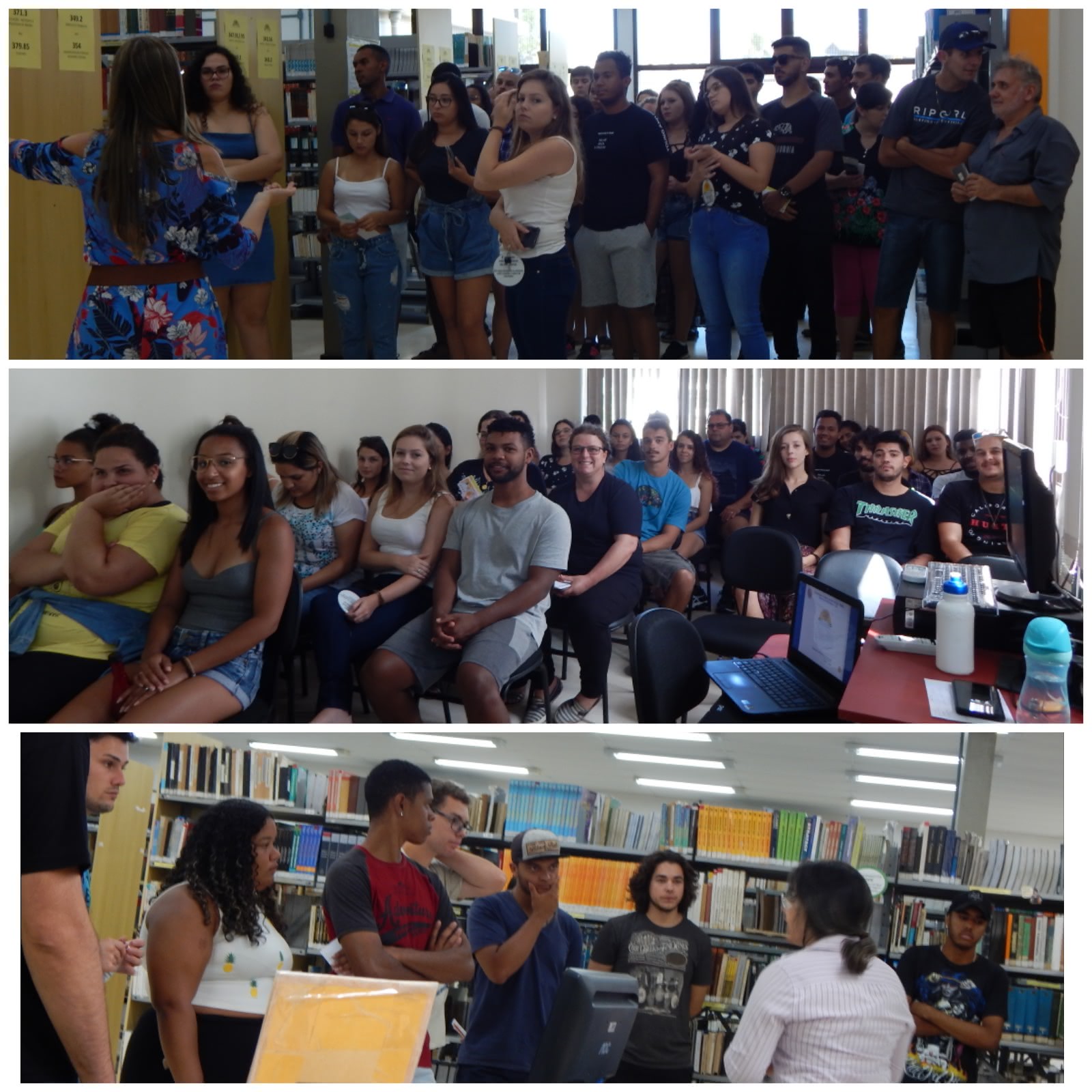 Montagem com 3 fotos na horizontal: primeira alunos atentos a explicação da bibliotecária. Na segunda foto alunos sentados em uma sala de treinamento, aguardando as explicações sobre o funcionamento do SiB. Na última foto alunos em pé observam atentos a explicação da bibliotecária que aparece de costas para foto.