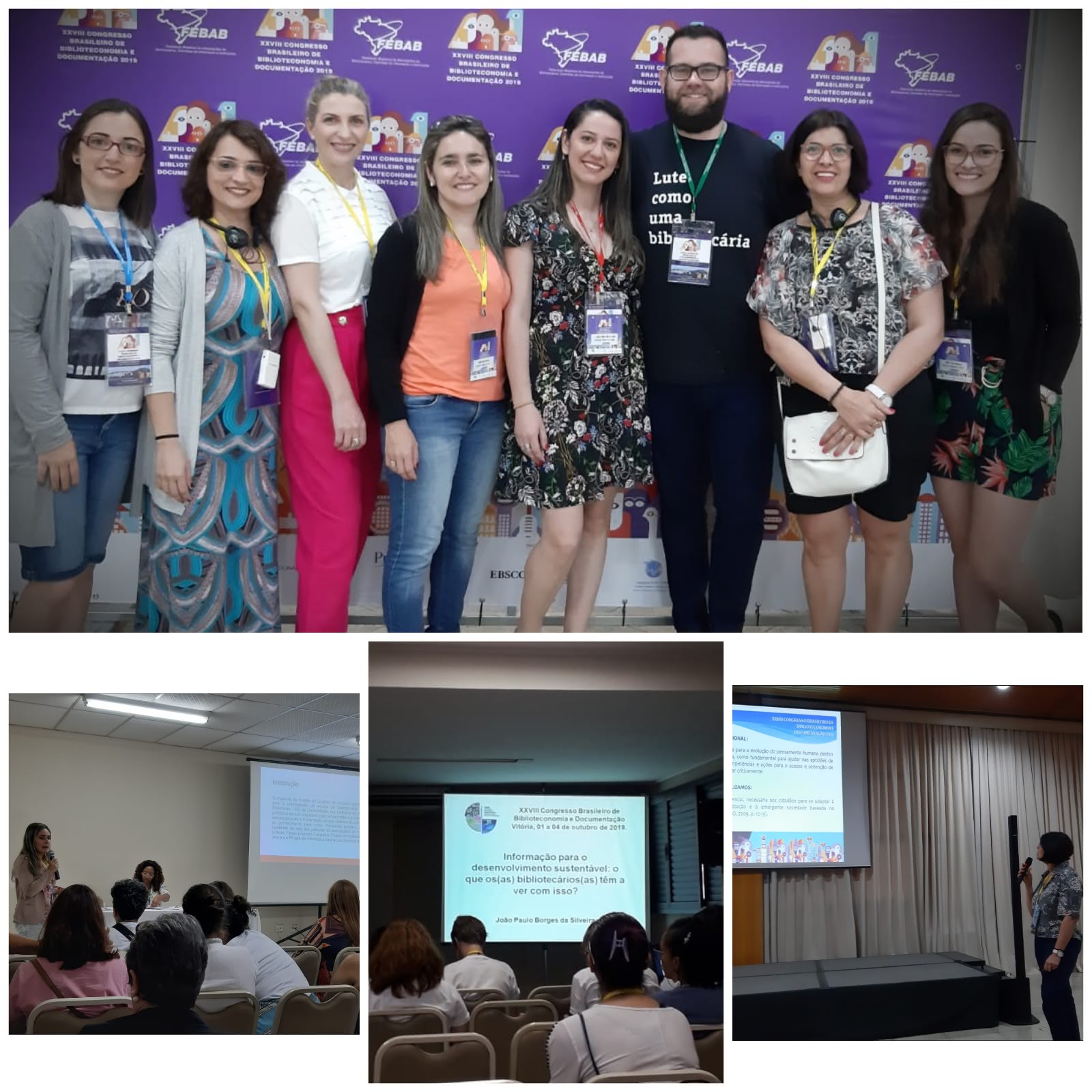 Montagem com 5 fotos onde aparecem na primeira foto o grupo de cinco bibliotecários expressando sorrisos nas fotos. nas outras três fotos aparecem as bibliotecárias apresentando seus respectivos tabalhos. A foto mostra a platéia de costas, e a apresentação projetada na parede.